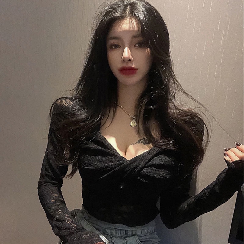 atasan renda import lace bottoming shirt women s western style deep V-neck lengan panjang atasan mes