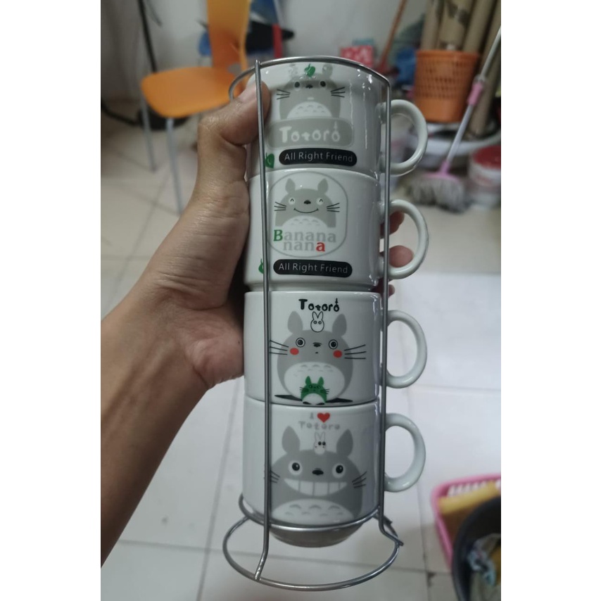 BABEE MUG KERAMIK SET 4 SUSUN SIZE S / CANGKIR GELAS 4 SUSUN BANYAK MOTIF / MUG TEH KOPI / KADO UNIK-Totoro