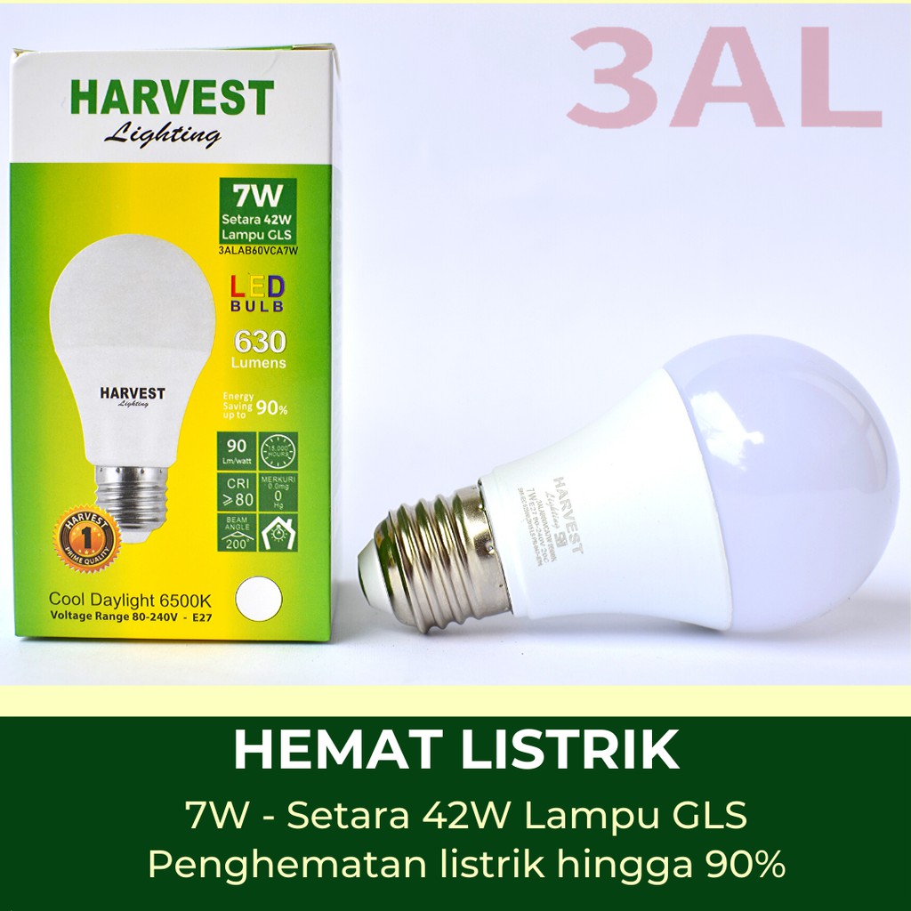 7W - Paket Isi 3 - HARVEST LIGHTING Lampu Bohlam LED A Bulb  7 Watt Lampu Hemat Energi Original Bersertifikasi SNI dan Bergaransi