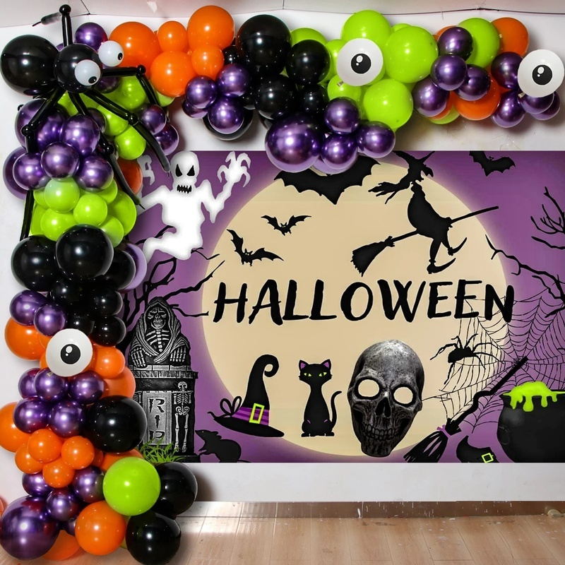 Set Balon Karangan Bunga Desain Kucing Kelelawar Labu Mummy Arch Untuk Dekorasi Pesta Halloween