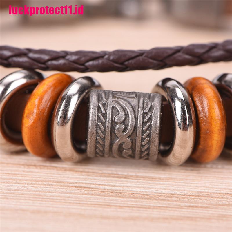 (LUCK) Gelang Tangan Kulit Coklat Handmade Gaya Punk Retro Untuk Pria