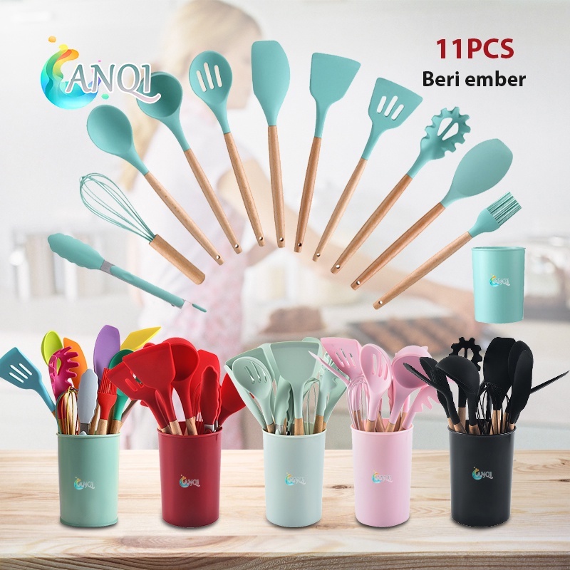 ANQI SHOP Silicone Utensil Set 12pcs Peralatan spatula silikon sutil Kitchen Set Free Wadah VS-1809