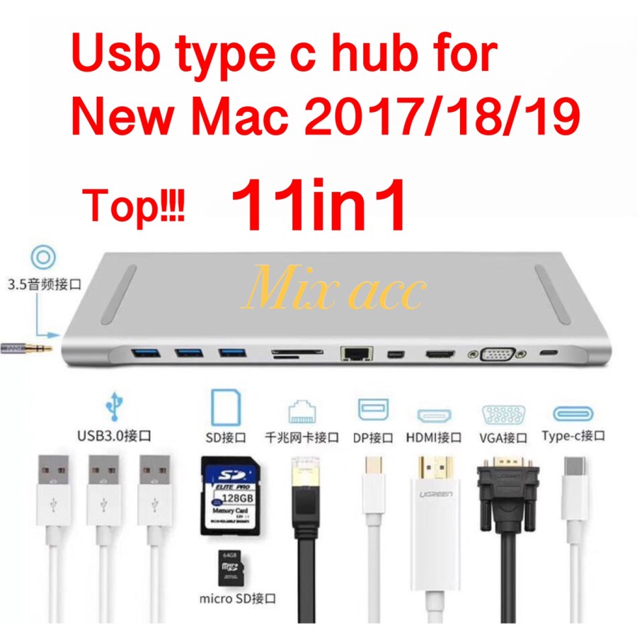 Usb Type C to multimedia kabel 4K LAN SD TF PD VGA Mini dp USB HUB STAND 11in1