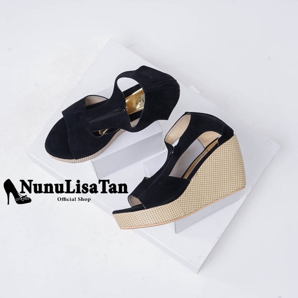 NunuLisaTan - Termurah Bayar Di tempat Sepatu Hak Selop Kokop Wedges Wanita RESLETING hitam 7cm
