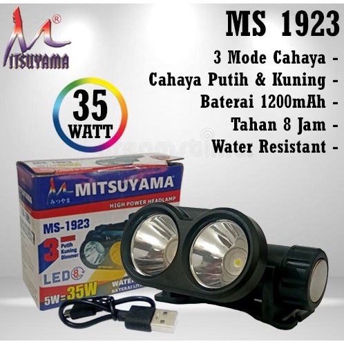 Bisa COD!!! Senter Kepala Led Mitsuyama MS-1923 / 3 Mode Putih Kuning Dimmer Headlamp Batrai Awet dan tahan lama