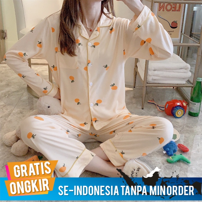 Baju Tidur Fashion Wanita Korea Manis Lucu Kartun Kecil Orange Piyama Impor