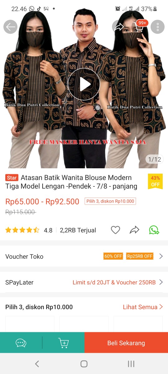 Atasan Batik Wanita Blouse Modern Tiga Model Lengan -pendek - 7/8 - Panjang S-m-l-xl-xxl-3l-4l-5l