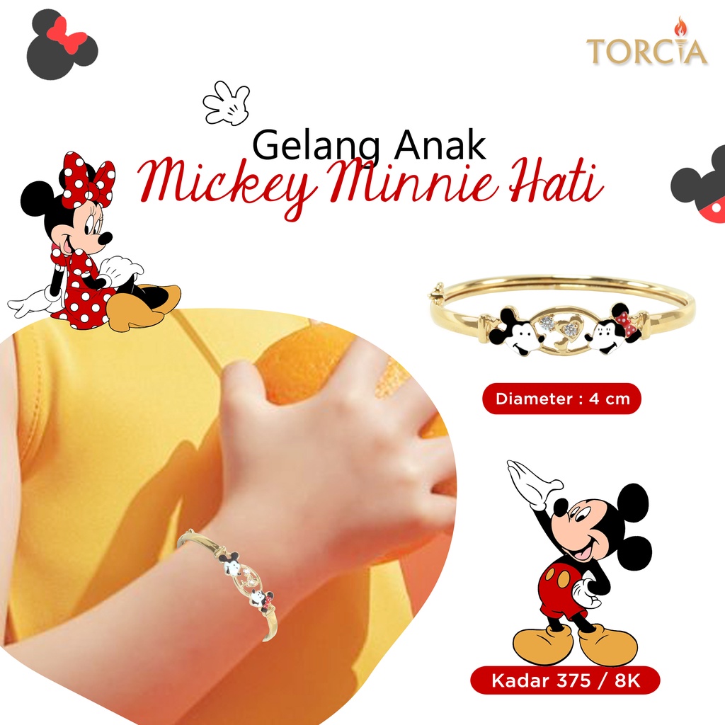 Gelang Bayi dan Anak Emas Asli Mickey Minnie Hati Kadar 375 Torcia