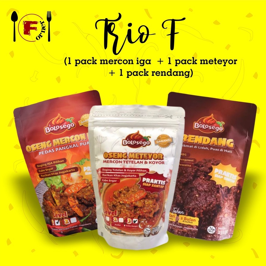 

Trio E (Rendang + Mercon Iga + Mercon Tetelan dan Koyor) by Bolosego 100% halal bisa cod pedas nampol nikmat bisa pilih level