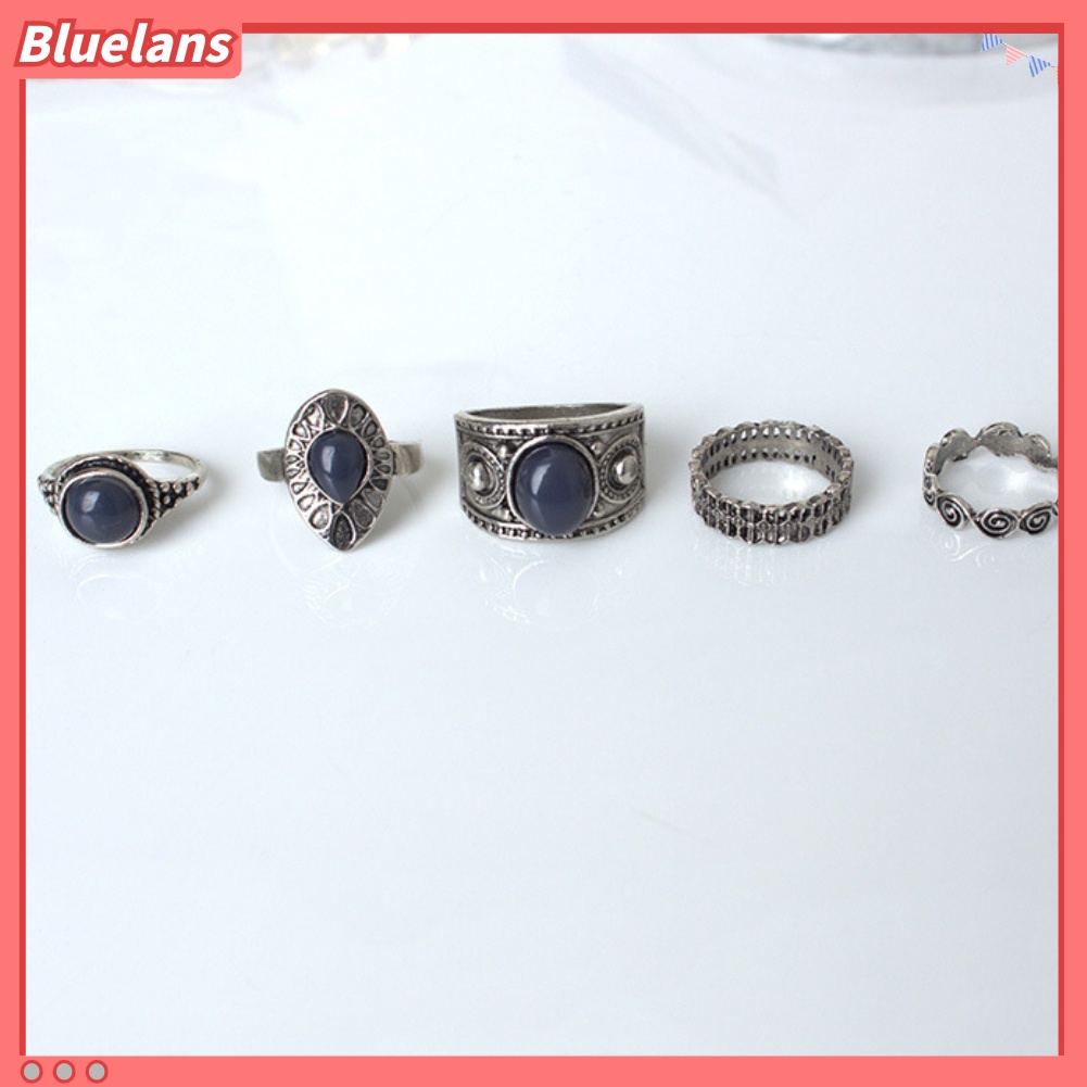 Bluelans 5Pcs Bohemian Vintage Blue Stone Alloy Finger Ring Women Charming Jewelry
