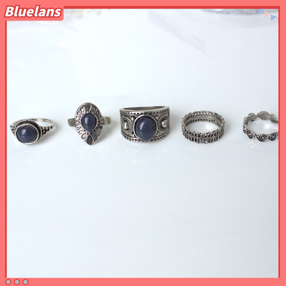 Bluelans 5Pcs Bohemian Vintage Blue Stone Alloy Finger Ring Women Charming Jewelry