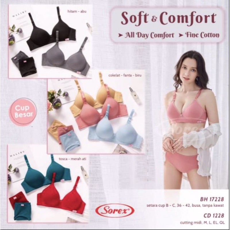 BRA BH (17228)SOFT AND COMFORT BUSA TIPIS KAIT TIGA dan CELANA DALAM (1238) SOREX BUSA TANPA KAWAT