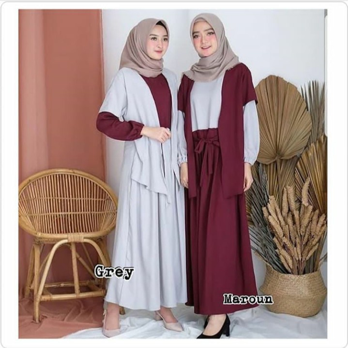 Firanda Long Maxi - Baju Gamis Dress Long Maxy Maxi Simple Warna Polos Abu Abu Muda Grey Merah Maroo