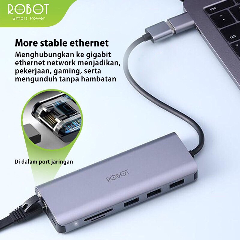 ROBOT - HT370 Multiport 7 in1 USB Type C HUB Adapter Lightweight &amp; Portable Space grey-Garansi 1 Thn