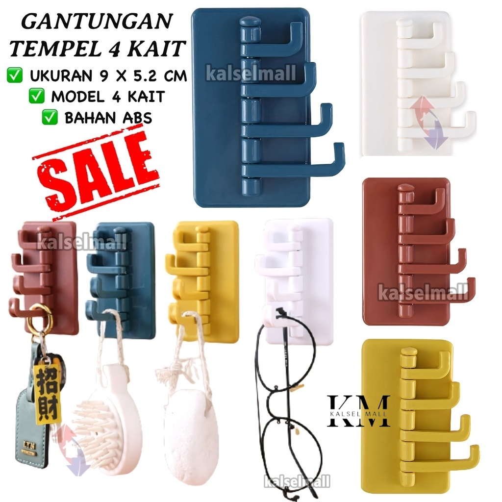 Gantungan Hook Tempel Serbaguna Alat Gantung Pengait Kaitan Kunci Masker Kalung Spatula Alat Dapur Kamar Mandi Free Double Tape Hanger Kapstok Baju Celana Pakaian Cabang 4 Multifungsi Dinding Tembok Lemari Art8