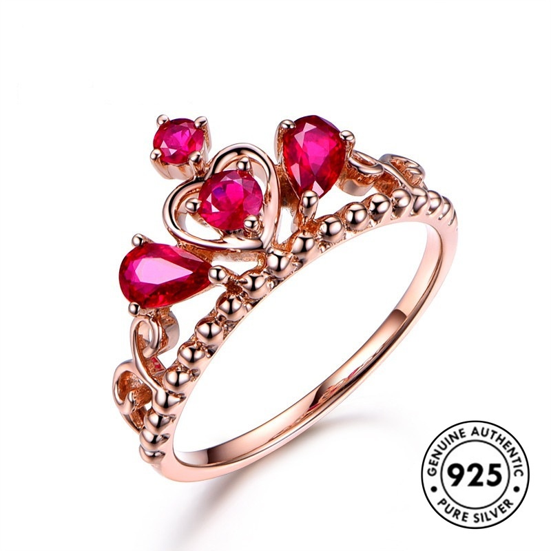 Cincin Sterling Silver 925 Model Mahkota Dengan Ruby Warna Rose Gold Untuk Wanita