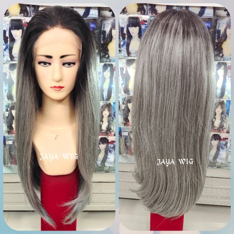 Frontlacewig Rambut Palsu Wanita Lurus Panjang Warna Ombre Silver