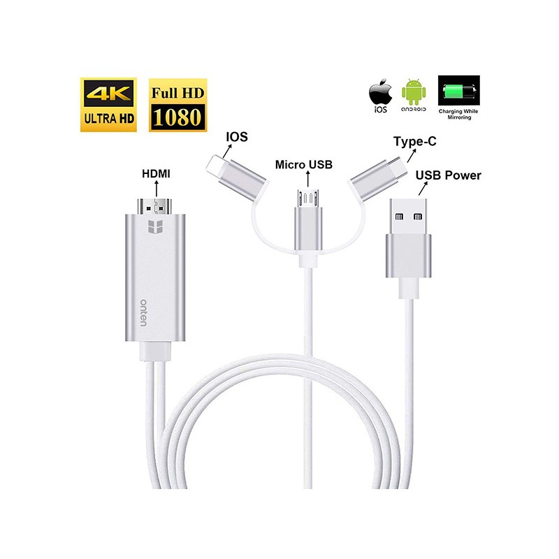 ONTEN OTN-7537A - HDMI Cable for USB-C - Lightning - Micro USB - 1.8M - Kabel Multiport ke port HDMI