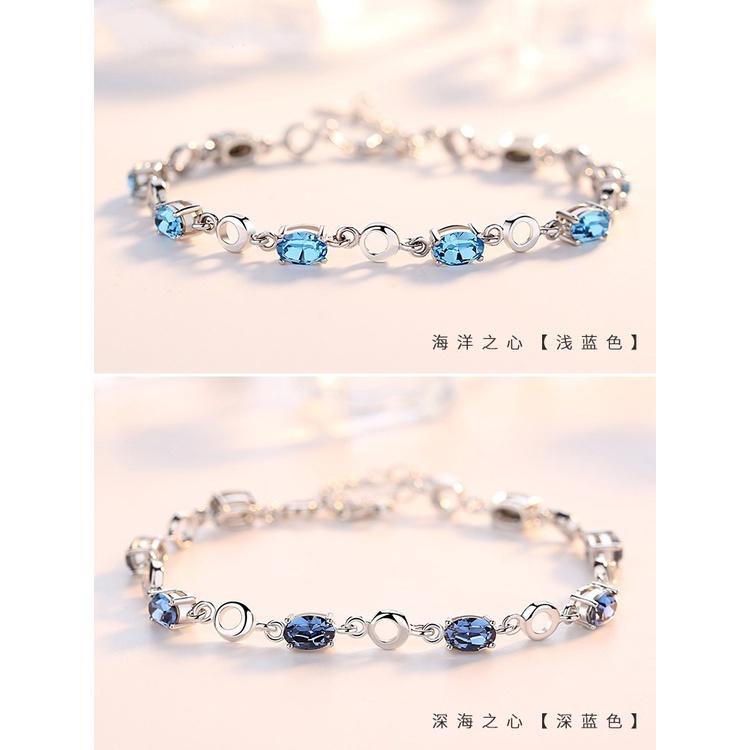 Gelang Bahan Sterling Silver 925 Hias Kristal Biru Laut Untuk Wanita