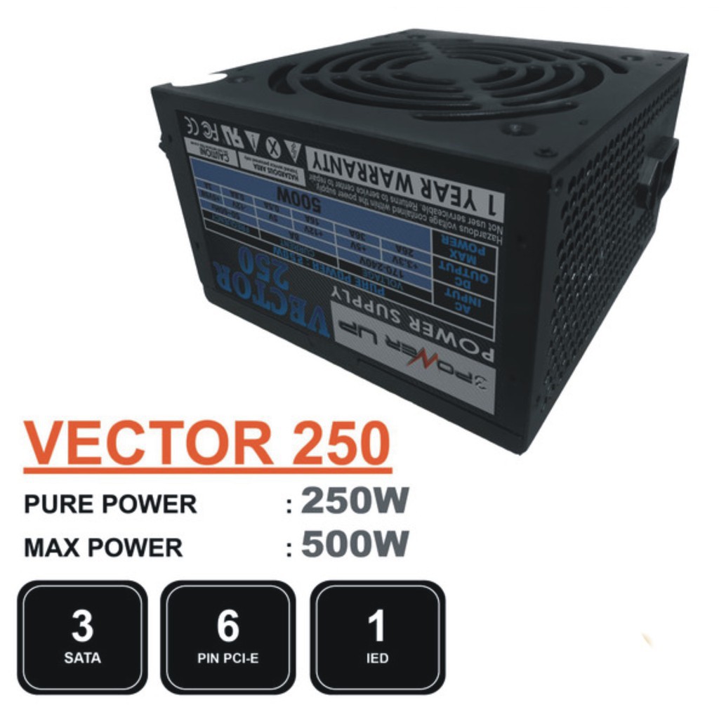 PSU Power Up Vector Pure 250 250w Power Supply PC with VGA 6 Pin