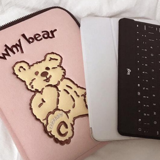 Sleeve Pouch Sarung Tas Bag Case Ipad Tab Tablet Macbook Air Pro Laptop Asus Acer Lenovo HP Huawei 11 12 13 14 15 inch Motif Gambar Beruang Bear Warna Hitam Pink Lucu Cute Murah Korean Model