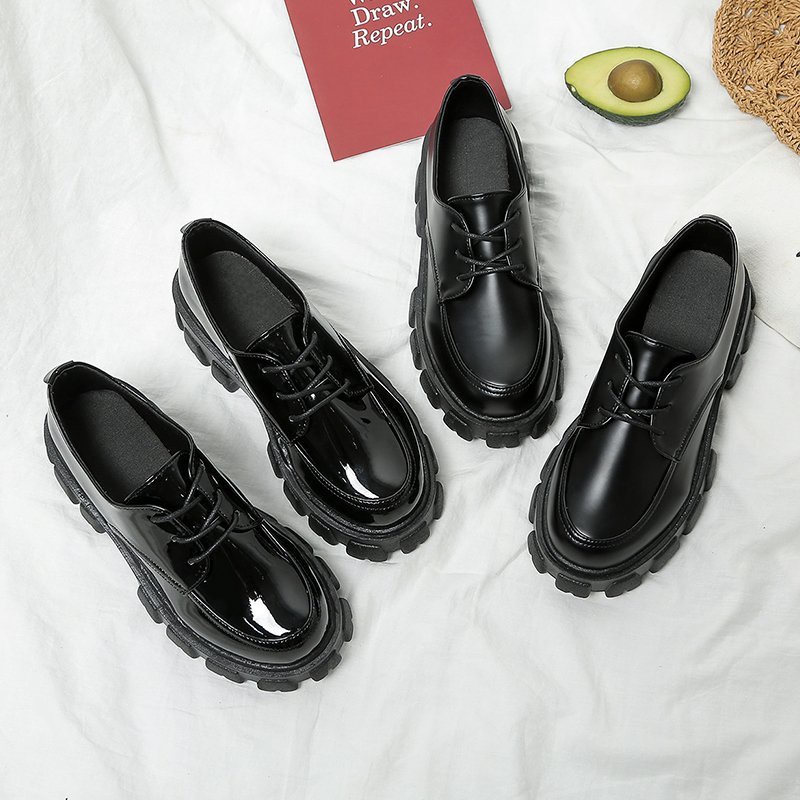 Sepatu Oxford Derby Hak Tinggi Wanita Flatform Ankle Boots Platform Shoes Heels Bot Import Kulit Hitam Black - Ukuran 35 36 37 38 39 40