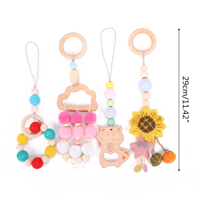 Mary 4pcs / Set Mainan Rattle / Teether Gantung Dengan Frame Kayu Untuk Stroller Bayi