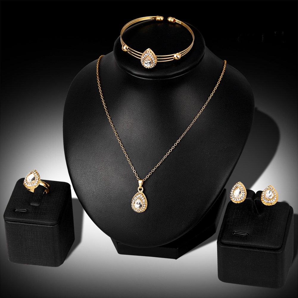 OW@ Women Retro Water Drop Gold Plated Jewelry Set Necklace Bracelet Earrings Ring