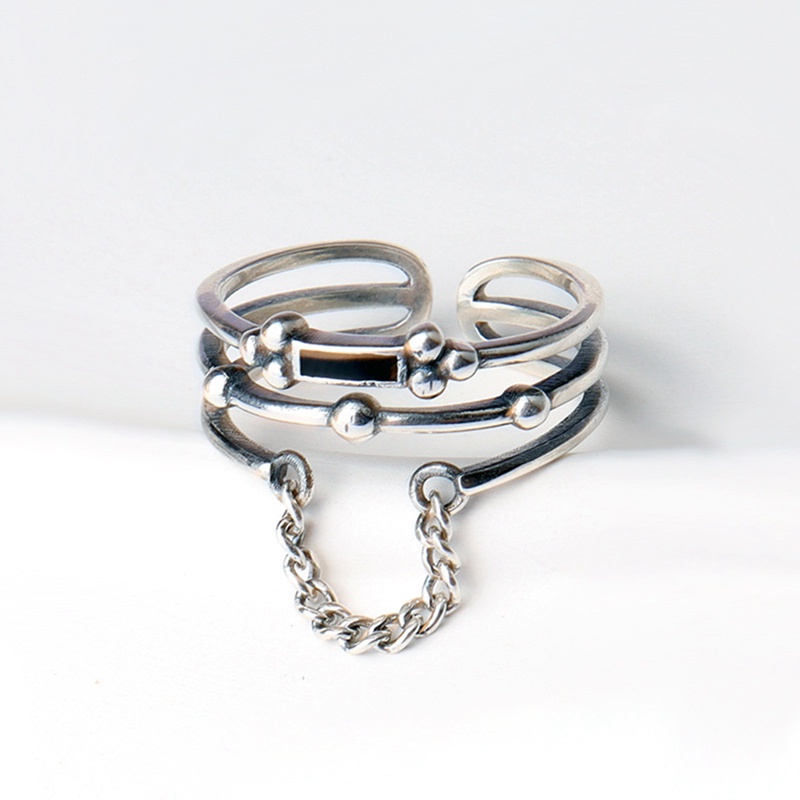 Fancyqube Cincin Rantai Multilayer Bentuk Persegi Panjang Warna Hitam Bahan Sterling Silver 925 Untuk Wanita