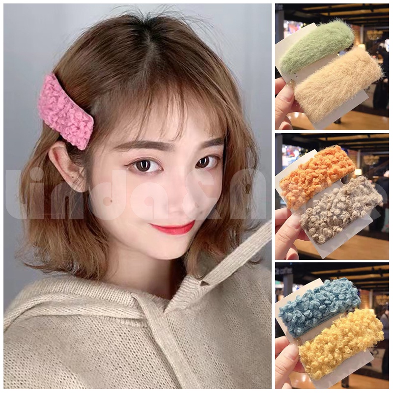 [2 Pcs] Jepit Rambut Wanita Bulu Warna-Warni Lucu Aksesoris Rambut Korean Import