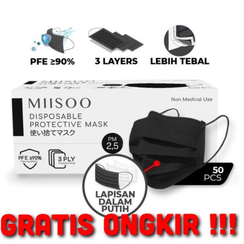 MIISOO Masker Hitam Black Disposable 3ply Face Mask Earloop isi 50 pcs