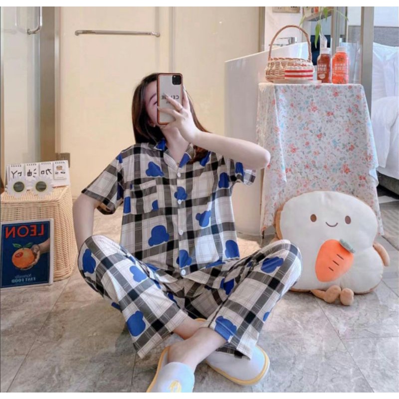 Baju tidur wanita / Piyama Cp baju tidur wanita krah pendek import kotak freesize-Cp.k KOTAKBEAR HITAM