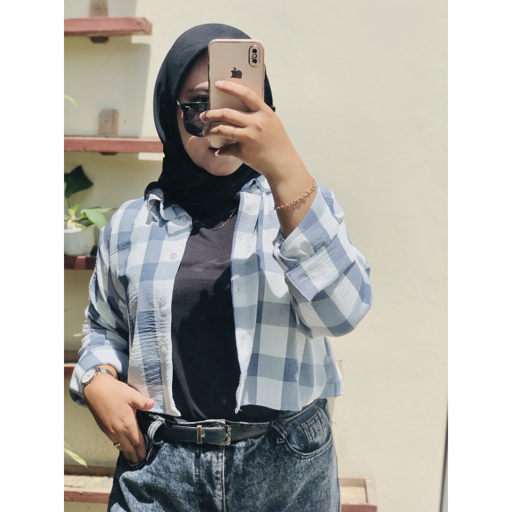 Kemeja Crop Tartan Kemeja Crop Shirt Crinkle Kotak Alika Blouse Crinkle