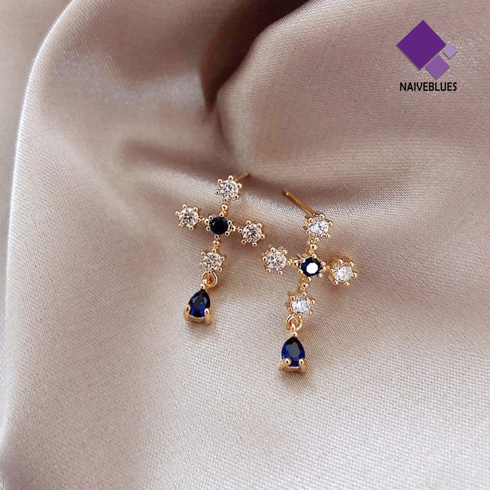 Anting Stud Sapphire Berlian Imitasi Bentuk Salib Untuk Wanita