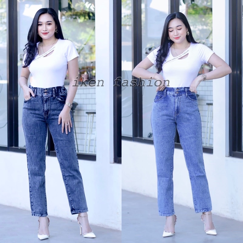 CELANA JEANS BOYFRIEND // Celana jeans BF highwaist pinggang karet kancing 2