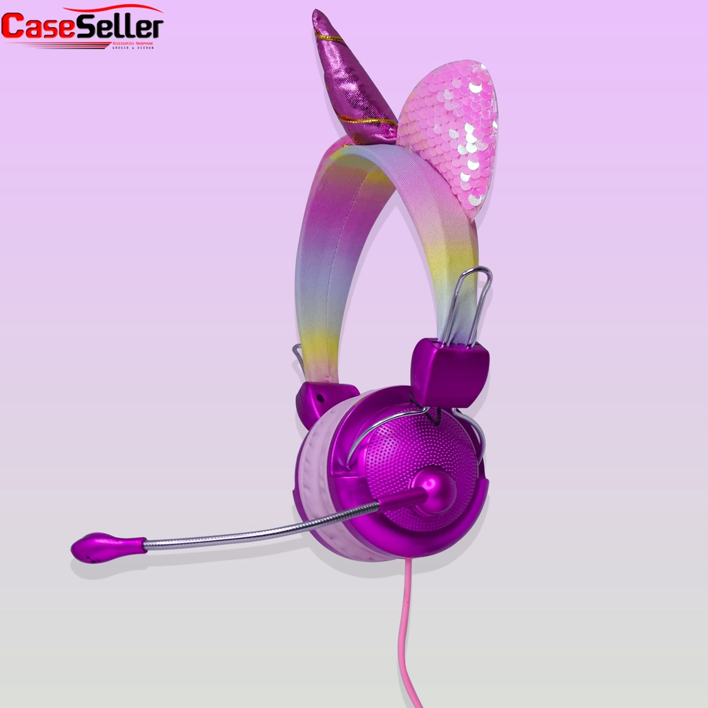 Headphone Unicorn OS Diamond + Mic Candy Glitter Bando Glamor Headset Anak Headphone Bass Lucu Bertanduk CaseSeller