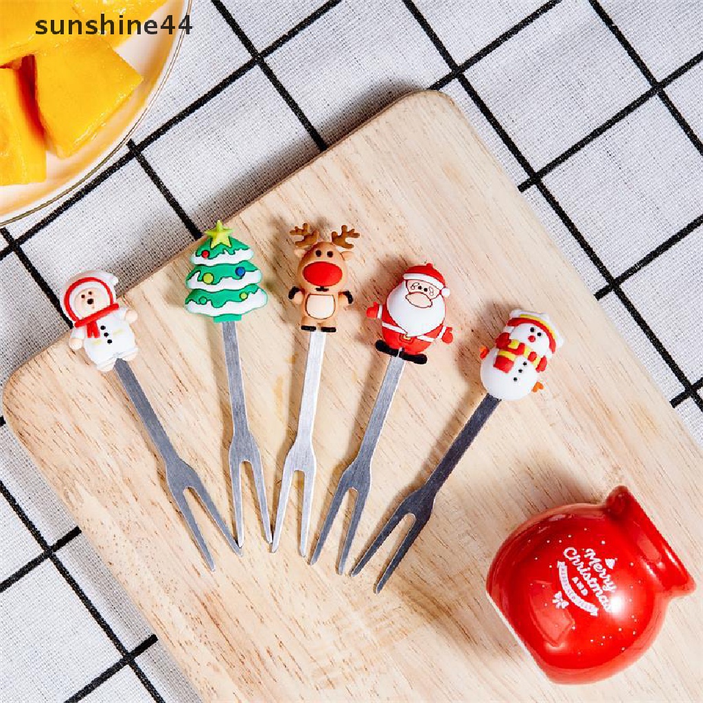 Sunshine 5Pcs / Set Garpu Buah / Sayuran / Salad Bentuk Santa Claus Bahan Stainless Steel