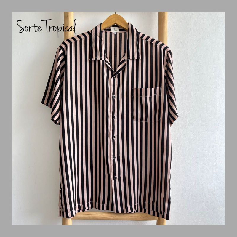 Kemeja Stripe Salur Hawaiian Shirt - Black &amp; Cream