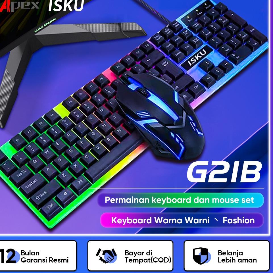 ビ 【BISA COD】ISKU keyboard komputer pc laptop gaming full set RGB/kibort komputer pc murah/keyboard dan mouse 1 paket wireless led waterproof ➦