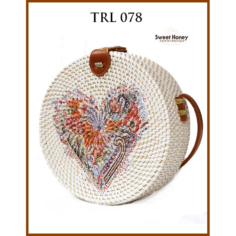 Sweet Honey ~ Grosir Tas Rotan Bali Bulat Lukis Decoupage Motif Hati TRL078 [Bisa COD Bayar di Tempat]