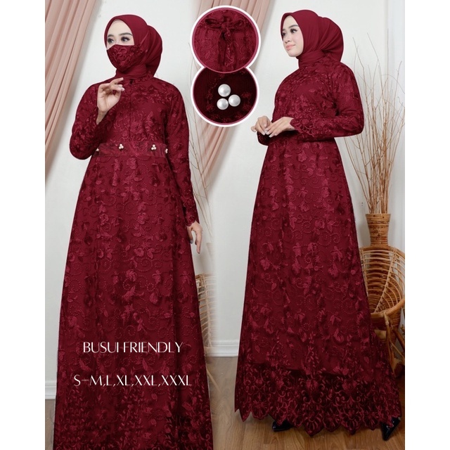 Gamis Haira Termurah (Free Masker Brukat) Gamis Lebaran Full Brukat Tile Mutiara  / Size S-M, L , XL, XXL,XXXL  / Gamis Pesta / Gamis Kondangan / Gamis Brokat Muslimah