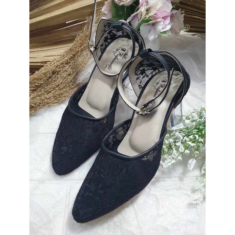 sepatu nataly hitam tali jaring 7cm kaca