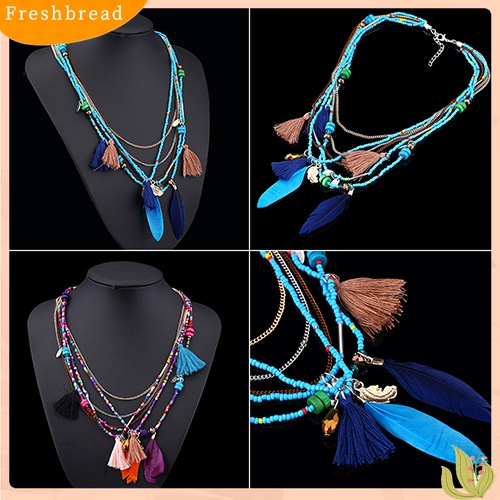 [TERLARIS]Women's Boho Ethnic Style Feathers Tassels Beads Multi-layer Chain Necklace