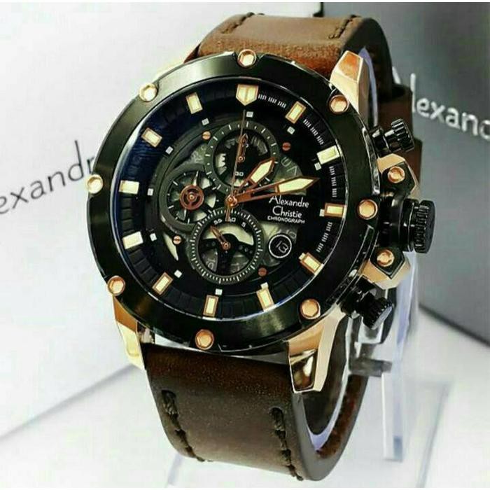 jam tangan pria alexandre christie AC 6416MC COKLAT ROSEGOLD PLAT HITAM
