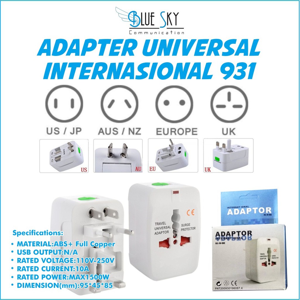 ADAPTER UNIVERSAL INTERNASIONAL 931 COLOKAN US JP AUS NZ EUROPE UK