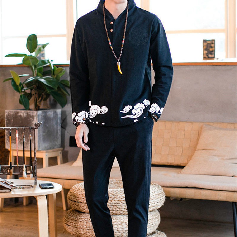 > Gaya Cina pria lengan panjang T-shirt setelan retro Hanfu pasang merek pencetakan bordir Bau Baju