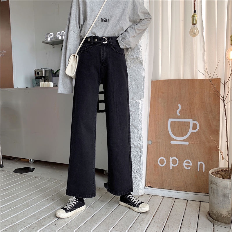 Denim celana wide-leg perempuan high-waist longgar lurus-kaki celana panjang