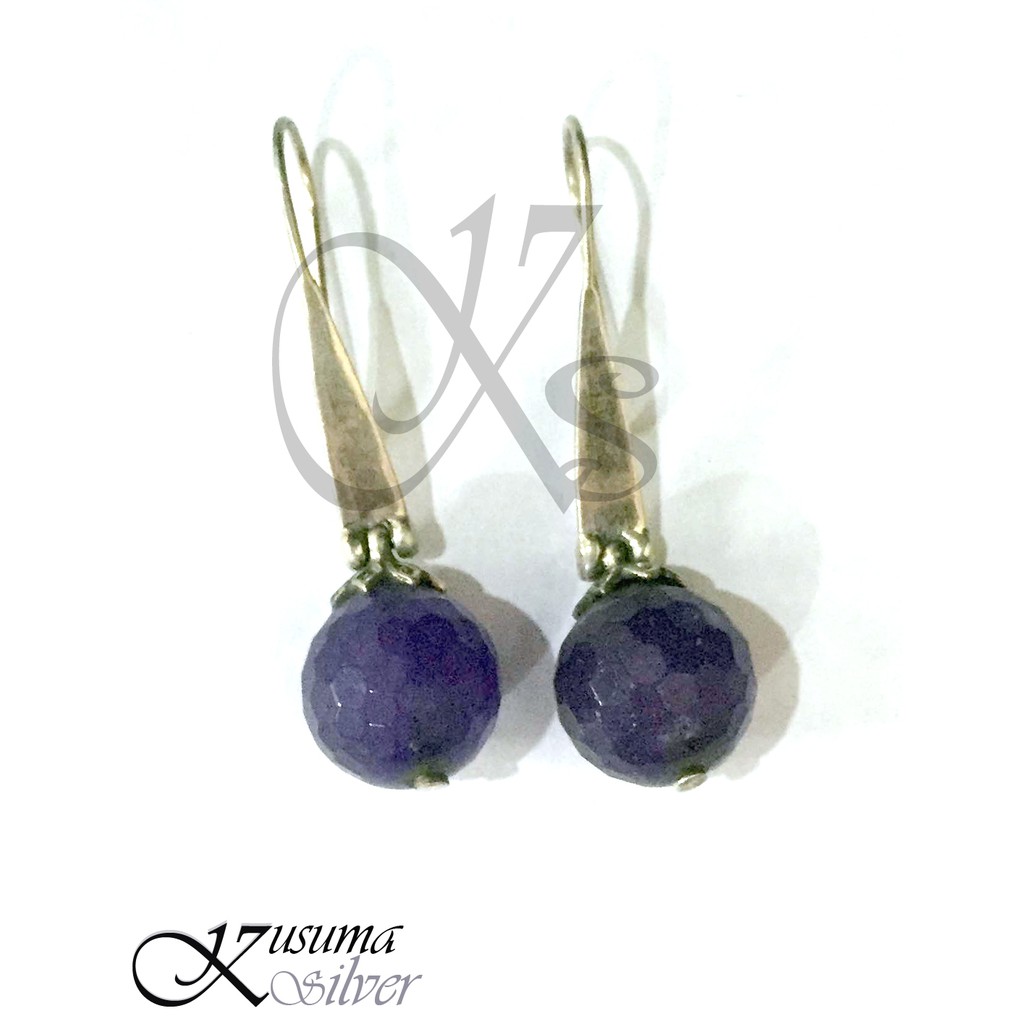 Anting Earrings Perak Silver Bali Hook Bandul Panjang Ungu Asli 925