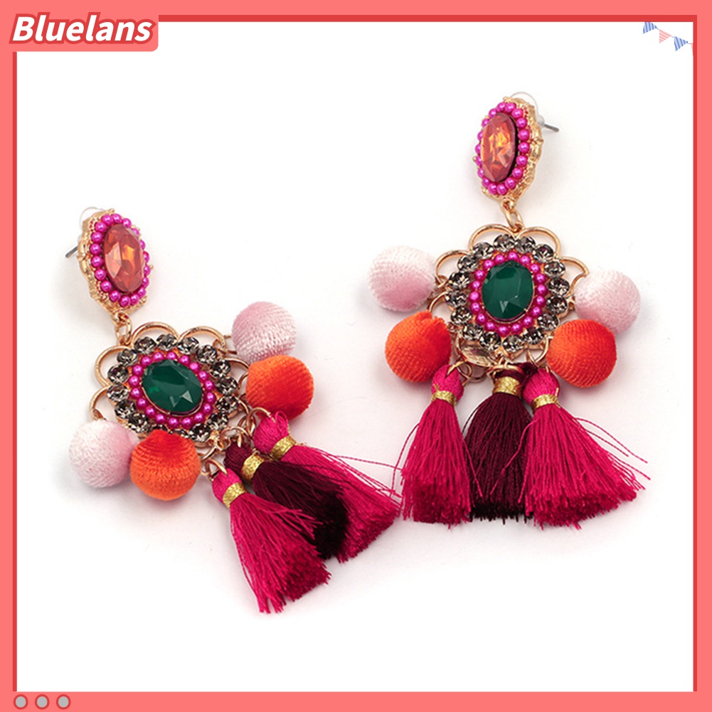 Anting Stud Tassel Pompom Bunga Berlian Imitasi Untuk Wanita