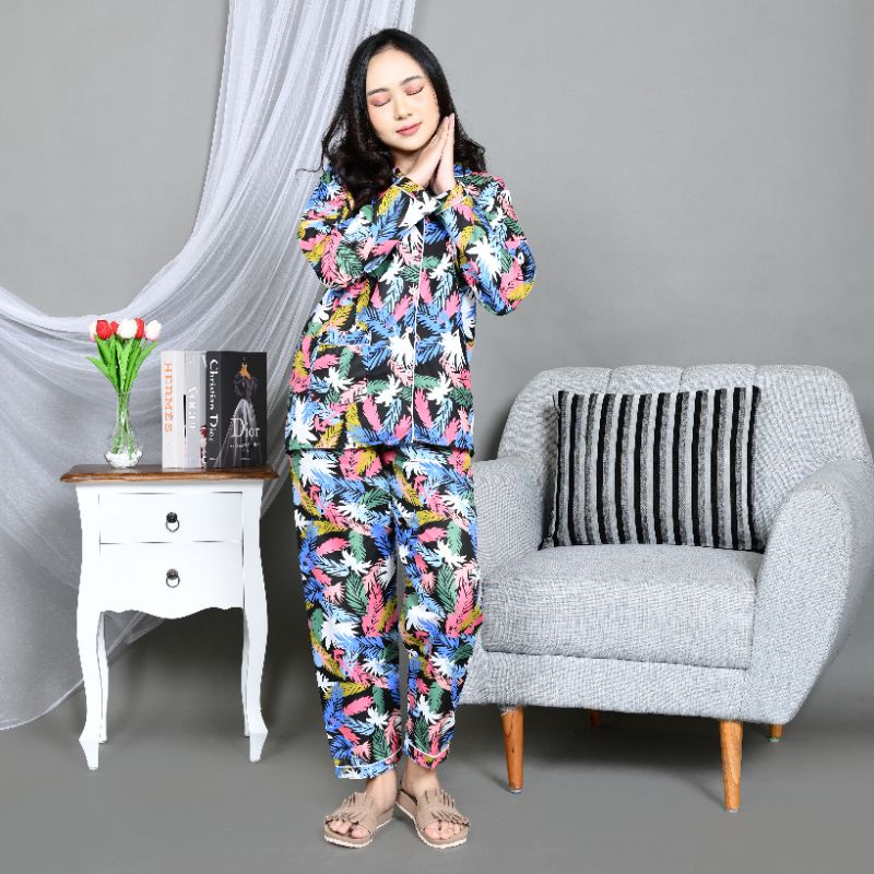 Baju Tidur Piyama Wanita/Cewek Pajamas Dewasa Katun Motif Daun Pastel PP Lengan Panjang Kekinian